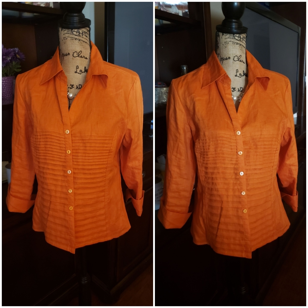 🧡 NWT Tracy M Orange Linen Blouse Size XL